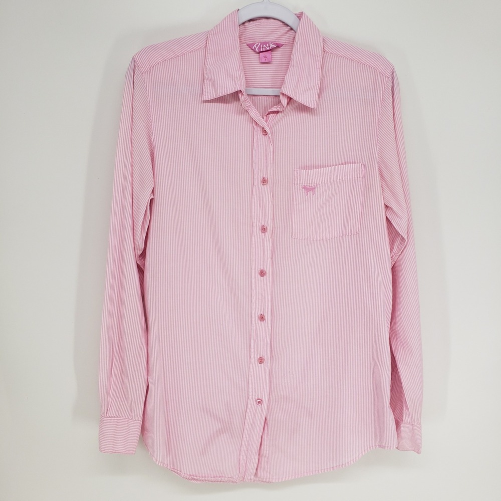 Y2K PINK Victoria's Secret Striped Button Up Sleep Shirt Womens Size Small Logo